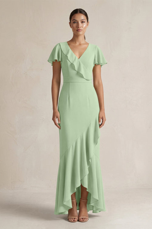 Rufffled V - Neck Sheath Chiffon Bridesmaid Dress in Sage - SHE IS ME Bridesmaid Dresses
