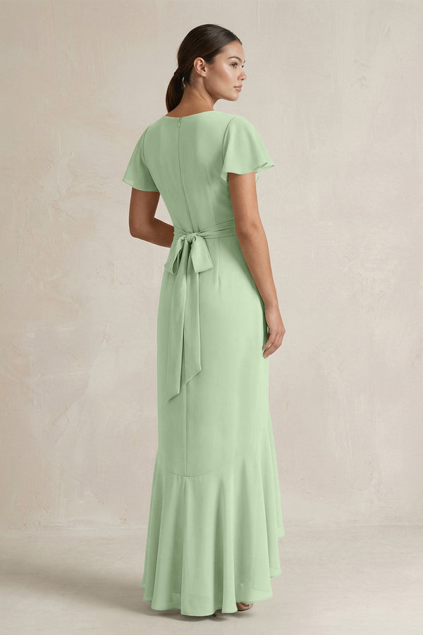 Rufffled V - Neck Sheath Chiffon Bridesmaid Dress in Sage - SHE IS ME Bridesmaid Dresses