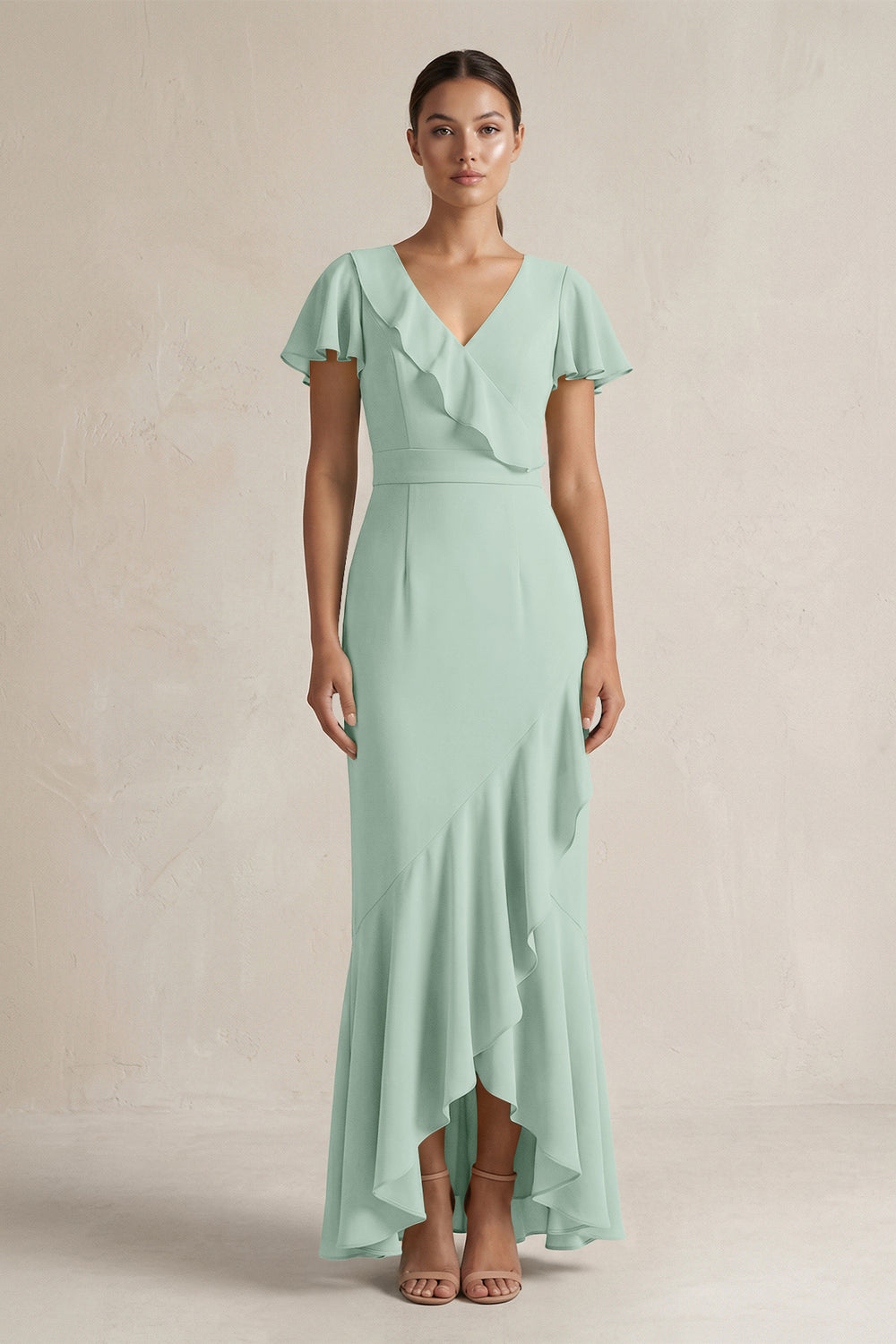 Rufffled V-Neck Sheath Chiffon Bridesmaid Dress in Sage