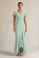 Rufffled V-Neck Sheath Chiffon Bridesmaid Dress in Sage | KISSBRIDAL