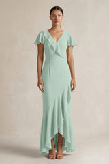 Rufffled V-Neck Sheath Chiffon Bridesmaid Dress in Sage | KISSBRIDAL