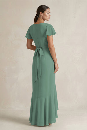 Rufffled V-Neck Sheath Chiffon Bridesmaid Dress in Sea Glass (2) | KISSBRIDAL