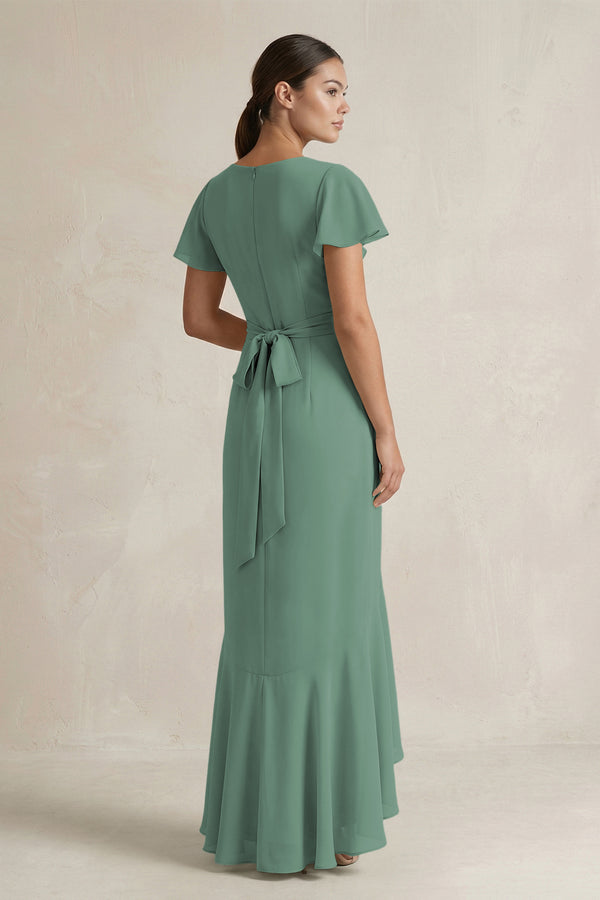 Rufffled V-Neck Sheath Chiffon Bridesmaid Dress in Sea Glass (2) | KISSBRIDAL