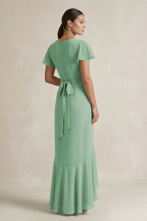 Rufffled V - Neck Sheath Chiffon Bridesmaid Dress in Sea Glass - SHE IS ME Bridesmaid Dresses