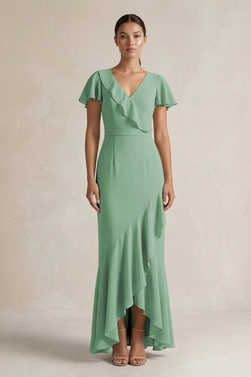 Rufffled V - Neck Sheath Chiffon Bridesmaid Dress in Sea Glass - SHE IS ME Bridesmaid Dresses