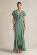 Rufffled V-Neck Sheath Chiffon Bridesmaid Dress in Sea Glass | KISSBRIDAL