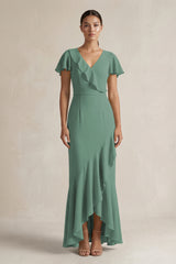 Rufffled V-Neck Sheath Chiffon Bridesmaid Dress in Sea Glass | KISSBRIDAL
