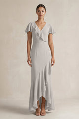 Rufffled V - Neck Sheath Chiffon Bridesmaid Dress in Silver - KISS BRIDAL Bridesmaid Dresses