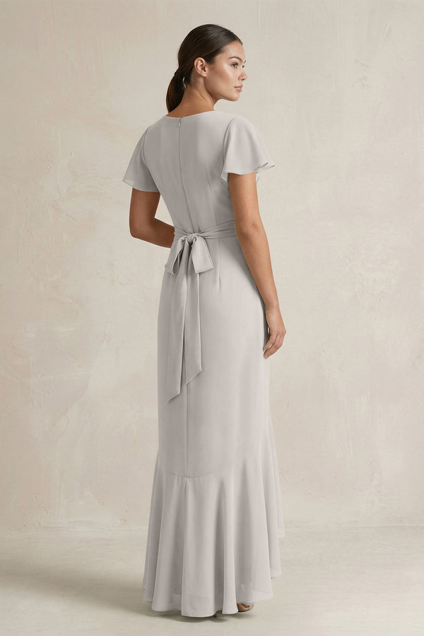 Rufffled V - Neck Sheath Chiffon Bridesmaid Dress in Silver - SHE IS ME Bridesmaid Dresses