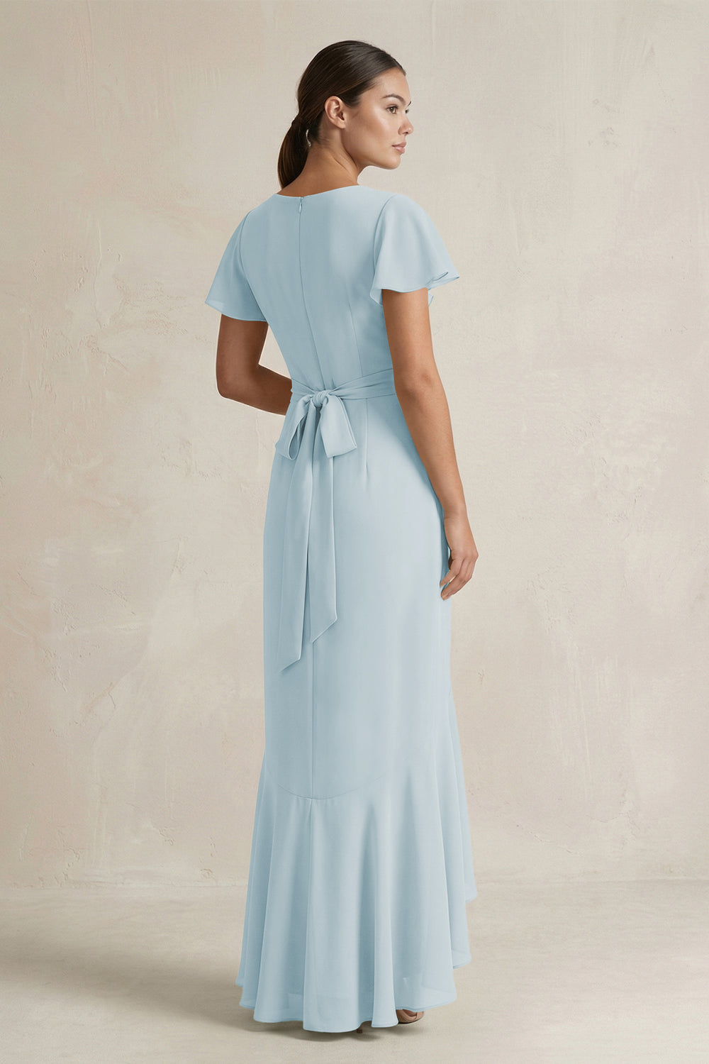 Rufffled V-Neck Sheath Chiffon Bridesmaid Dress in Sky Blue