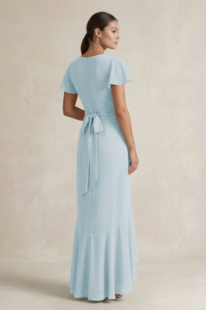 Rufffled V-Neck Sheath Chiffon Bridesmaid Dress in Sky Blue (2) | KISSBRIDAL