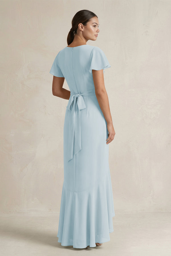 Rufffled V-Neck Sheath Chiffon Bridesmaid Dress in Sky Blue (2) | KISSBRIDAL