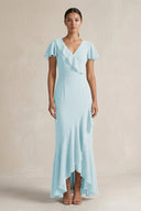 Rufffled V - Neck Sheath Chiffon Bridesmaid Dress in Sky Blue - SHE IS ME Bridesmaid Dresses