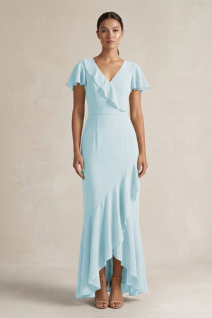 Rufffled V - Neck Sheath Chiffon Bridesmaid Dress in Sky Blue - SHE IS ME Bridesmaid Dresses