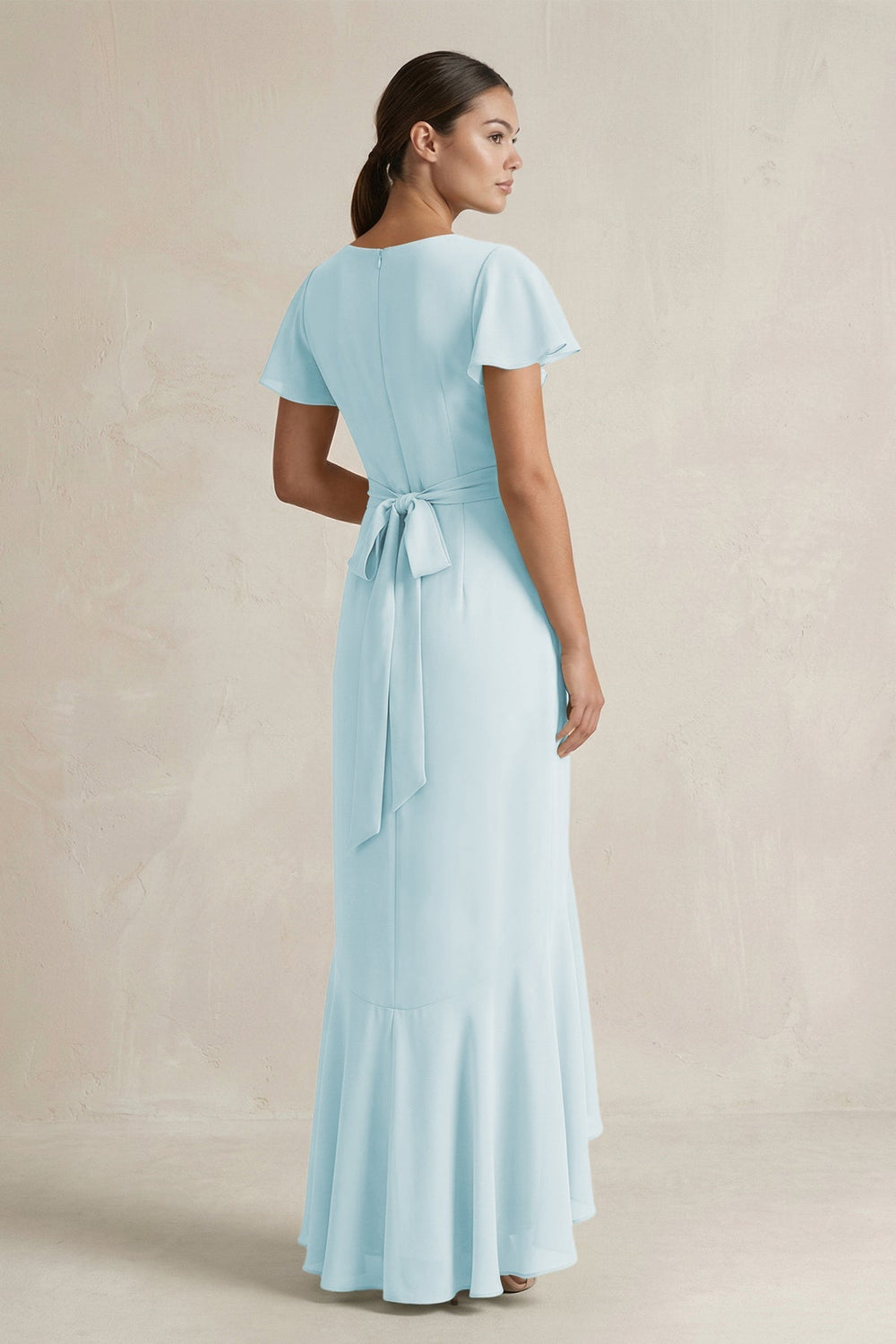 Rufffled V - Neck Sheath Chiffon Bridesmaid Dress in Sky Blue - KISS BRIDAL Bridesmaid Dresses