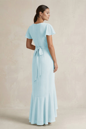 Rufffled V - Neck Sheath Chiffon Bridesmaid Dress in Sky Blue - SHE IS ME Bridesmaid Dresses