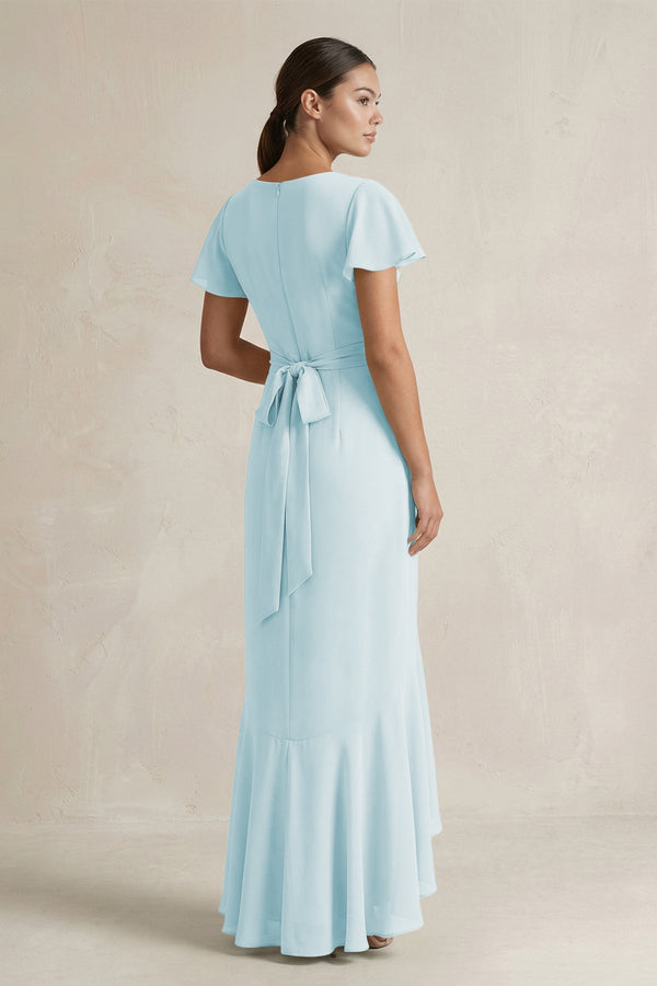 Rufffled V - Neck Sheath Chiffon Bridesmaid Dress in Sky Blue - SHE IS ME Bridesmaid Dresses