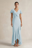 Rufffled V-Neck Sheath Chiffon Bridesmaid Dress in Sky Blue | KISSBRIDAL