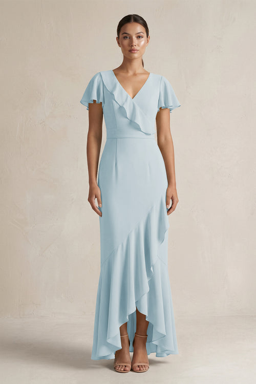 Rufffled V-Neck Sheath Chiffon Bridesmaid Dress in Sky Blue | KISSBRIDAL