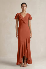 Rufffled V - Neck Sheath Chiffon Bridesmaid Dress in Spice - KISS BRIDAL Bridesmaid Dresses