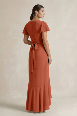 Rufffled V - Neck Sheath Chiffon Bridesmaid Dress in Spice - SHE IS ME Bridesmaid Dresses