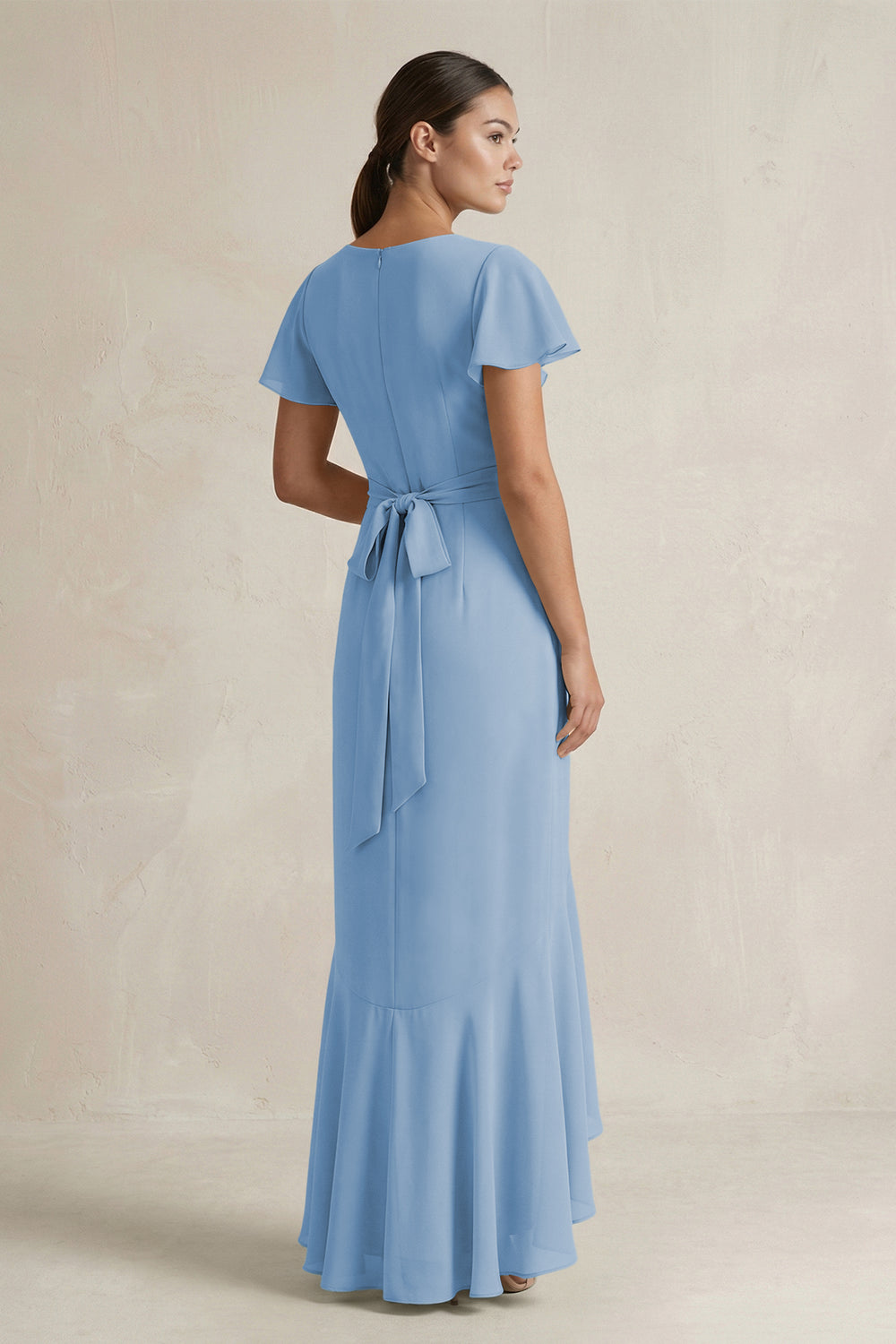 Rufffled V-Neck Sheath Chiffon Bridesmaid Dress in Steel Blue
