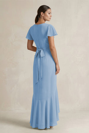 Rufffled V-Neck Sheath Chiffon Bridesmaid Dress in Steel Blue (2) | KISSBRIDAL