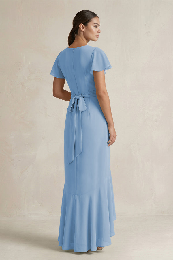 Rufffled V-Neck Sheath Chiffon Bridesmaid Dress in Steel Blue (2) | KISSBRIDAL