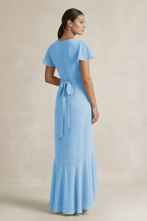 Rufffled V - Neck Sheath Chiffon Bridesmaid Dress in Steel Blue - SHE IS ME Bridesmaid Dresses