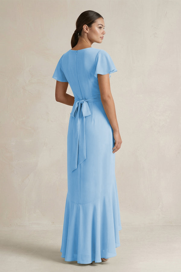 Rufffled V - Neck Sheath Chiffon Bridesmaid Dress in Steel Blue - SHE IS ME Bridesmaid Dresses