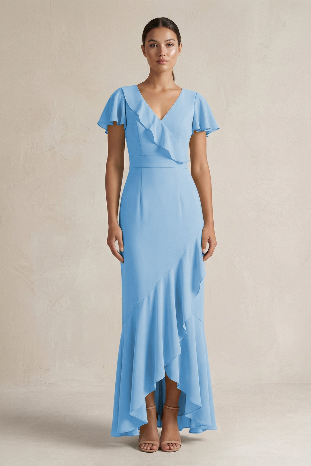 Rufffled V - Neck Sheath Chiffon Bridesmaid Dress in Steel Blue - KISS BRIDAL Bridesmaid Dresses