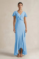 Rufffled V - Neck Sheath Chiffon Bridesmaid Dress in Steel Blue - SHE IS ME Bridesmaid Dresses
