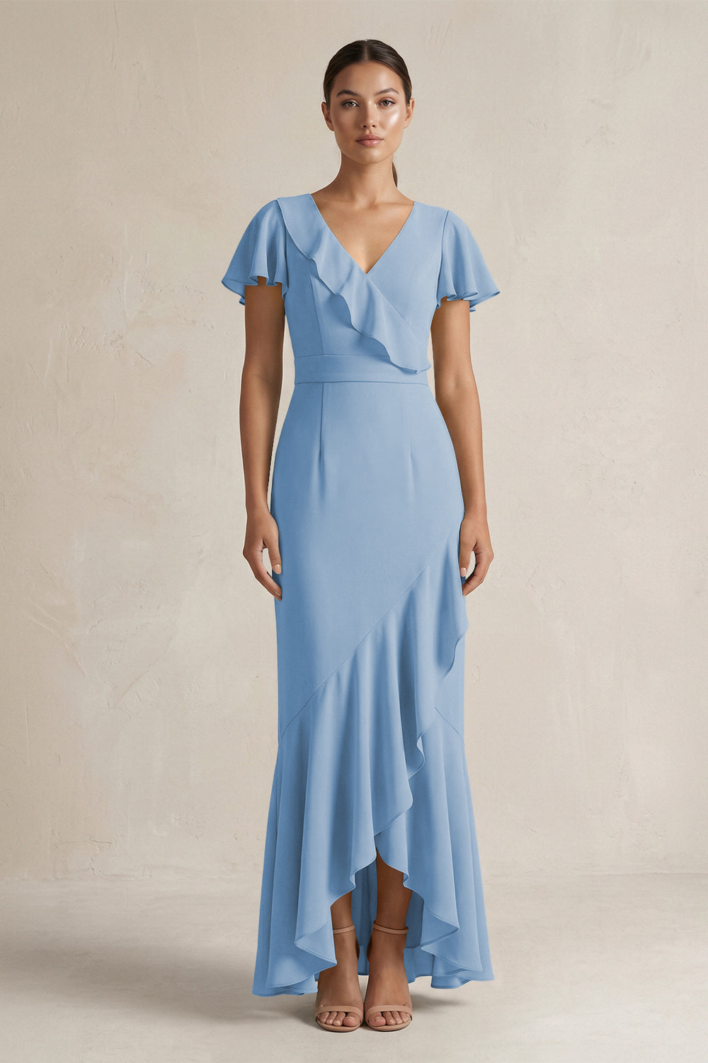 Rufffled V-Neck Sheath Chiffon Bridesmaid Dress in Steel Blue