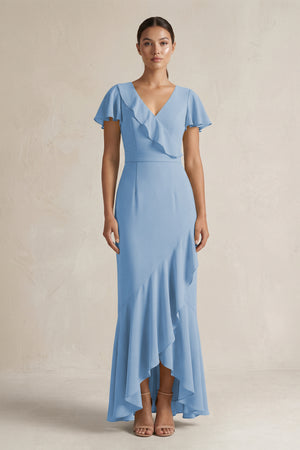 Rufffled V-Neck Sheath Chiffon Bridesmaid Dress in Steel Blue | KISSBRIDAL