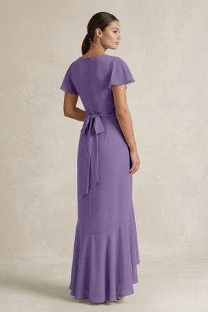 Rufffled V-Neck Sheath Chiffon Bridesmaid Dress in Tahiti (2) | KISSBRIDAL