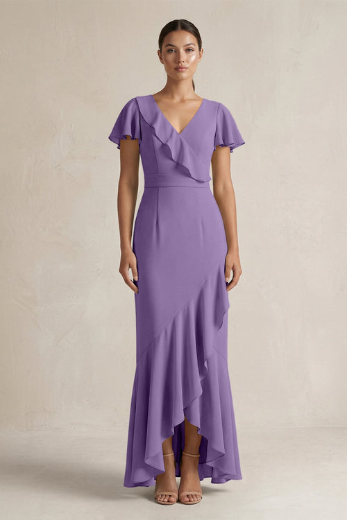 Rufffled V - Neck Sheath Chiffon Bridesmaid Dress in Tahiti - SHE IS ME Bridesmaid Dresses