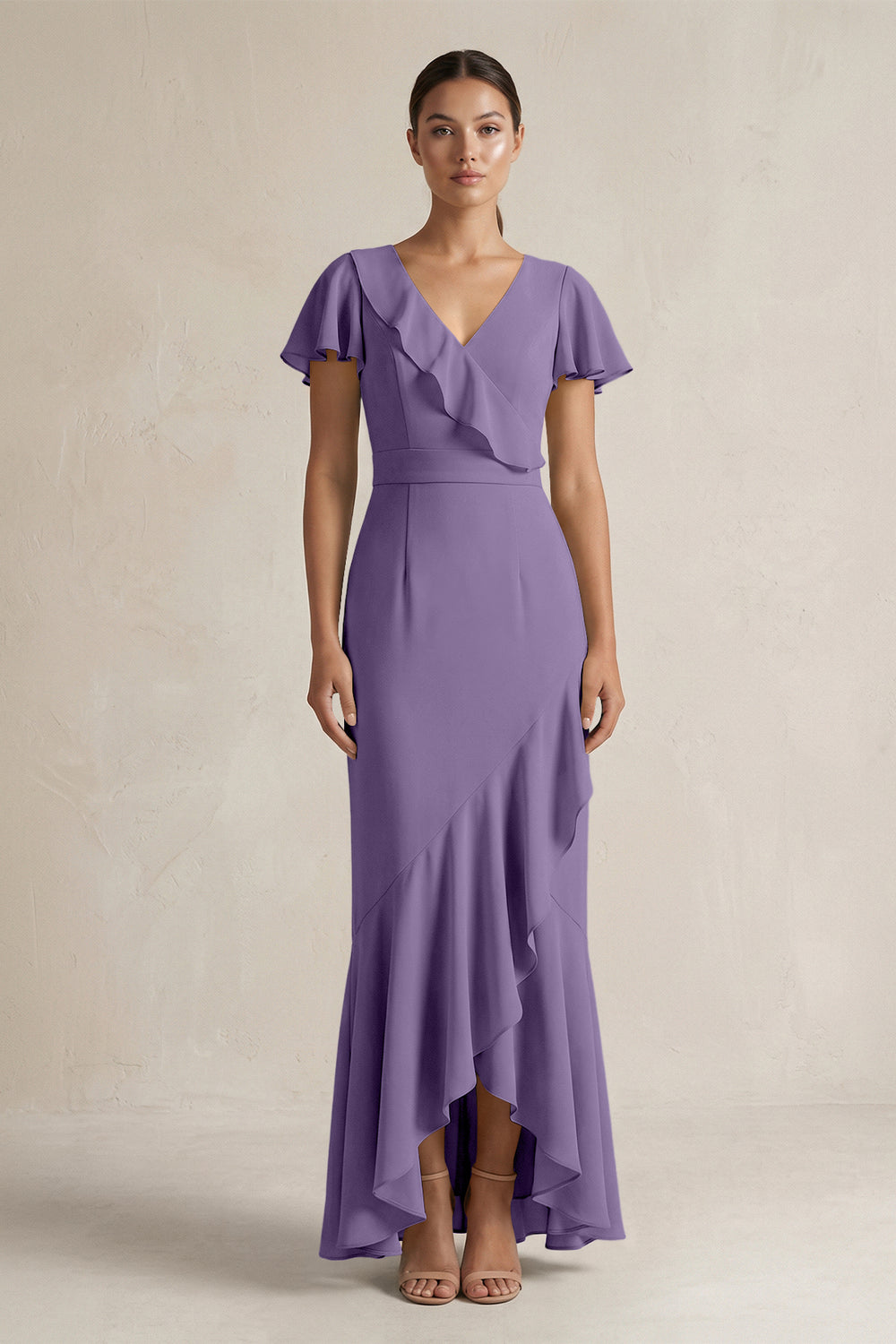 Rufffled V-Neck Sheath Chiffon Bridesmaid Dress in Tahiti