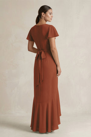 Rufffled V-Neck Sheath Chiffon Bridesmaid Dress in Terracotta (2) | KISSBRIDAL