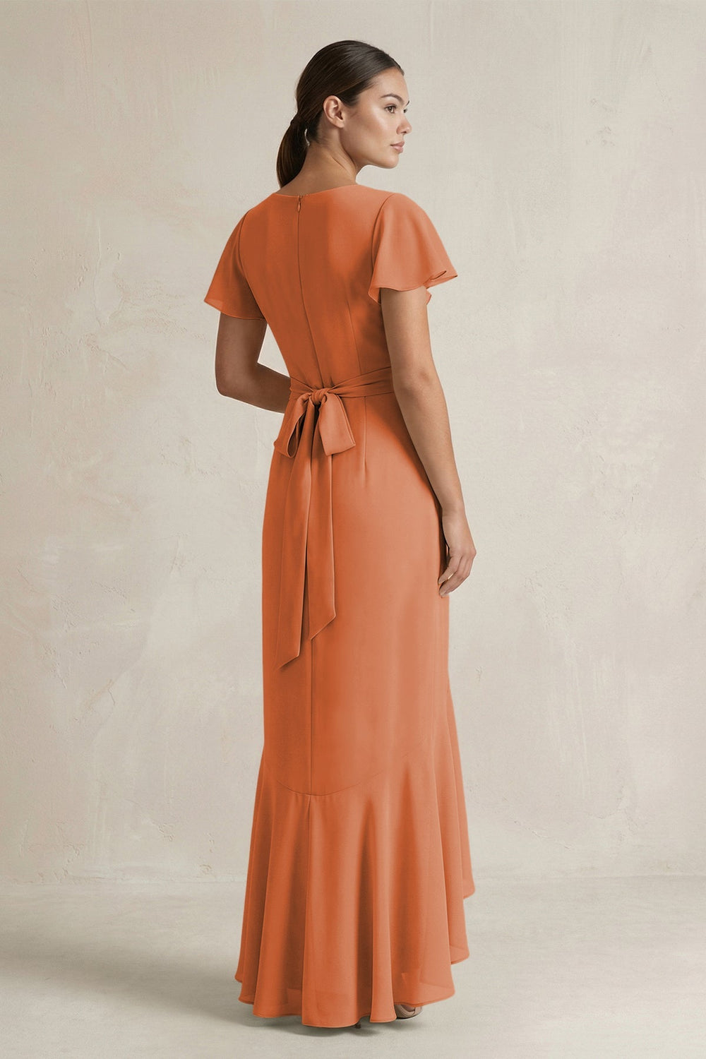 Rufffled V - Neck Sheath Chiffon Bridesmaid Dress in Terracotta - KISS BRIDAL Bridesmaid Dresses