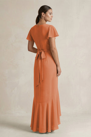 Rufffled V - Neck Sheath Chiffon Bridesmaid Dress in Terracotta - SHE IS ME Bridesmaid Dresses