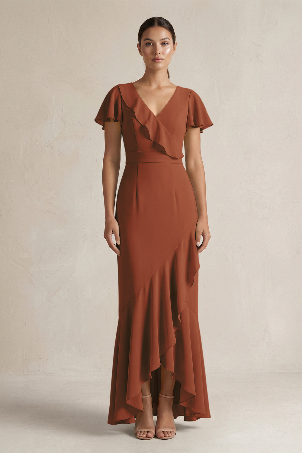 Rufffled V-Neck Sheath Chiffon Bridesmaid Dress in Terracotta