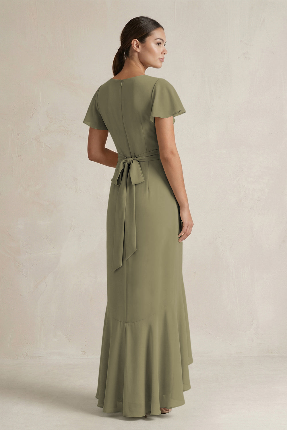 Rufffled V-Neck Sheath Chiffon Bridesmaid Dress in Thyme