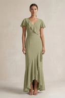 Rufffled V - Neck Sheath Chiffon Bridesmaid Dress in Thyme - SHE IS ME Bridesmaid Dresses