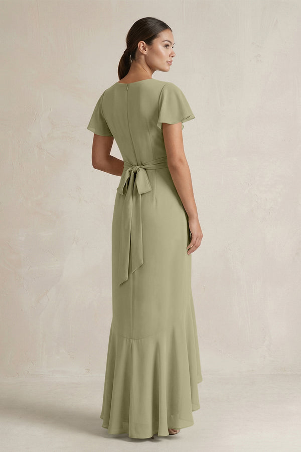 Rufffled V - Neck Sheath Chiffon Bridesmaid Dress in Thyme - SHE IS ME Bridesmaid Dresses
