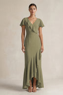 Rufffled V-Neck Sheath Chiffon Bridesmaid Dress in Thyme | KISSBRIDAL