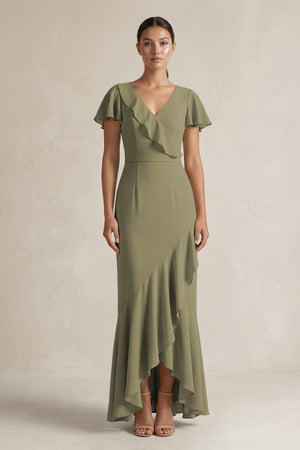 Rufffled V-Neck Sheath Chiffon Bridesmaid Dress in Thyme | KISSBRIDAL