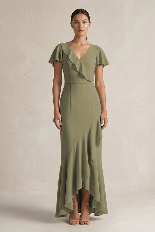 Rufffled V-Neck Sheath Chiffon Bridesmaid Dress in Thyme | KISSBRIDAL