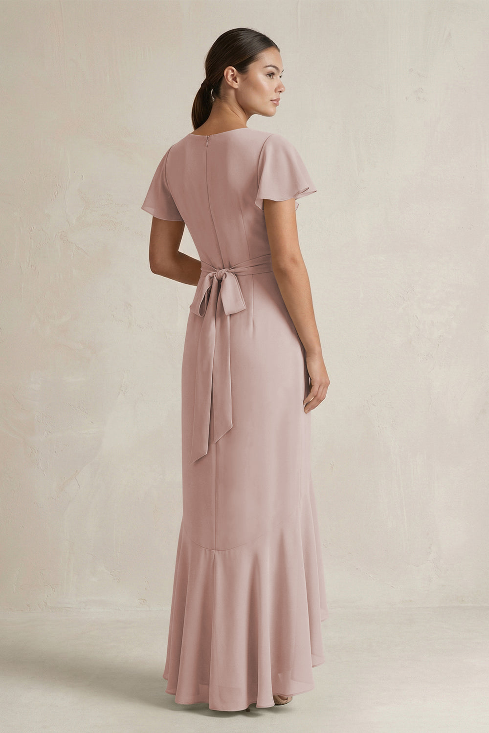 Rufffled V-Neck Sheath Chiffon Bridesmaid Dress in Toffee
