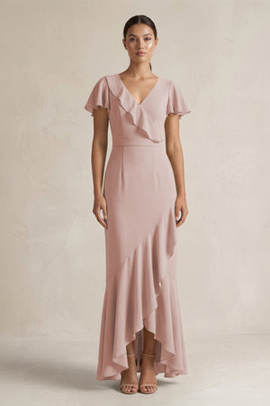 Rufffled V - Neck Sheath Chiffon Bridesmaid Dress in Toffee - SHE IS ME Bridesmaid Dresses