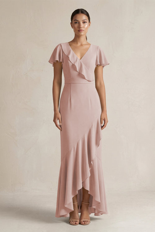 Rufffled V - Neck Sheath Chiffon Bridesmaid Dress in Toffee - SHE IS ME Bridesmaid Dresses